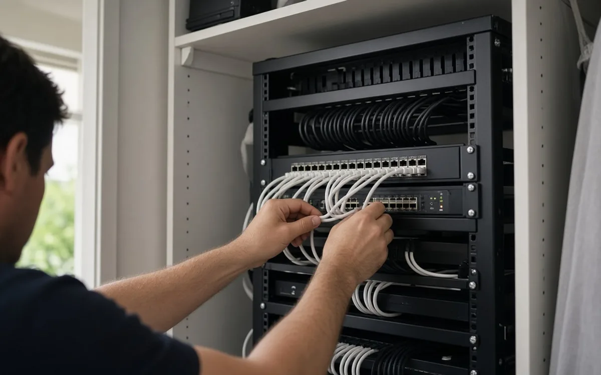 Technician patching white ethernet cables into a network switch in a black equipment rack inside a closet