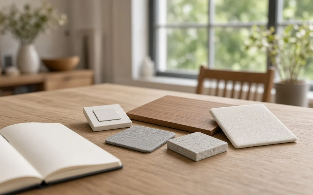White switch plate sample beside wood, grey felt and stone finish swatches and an open notebook on an oak table
