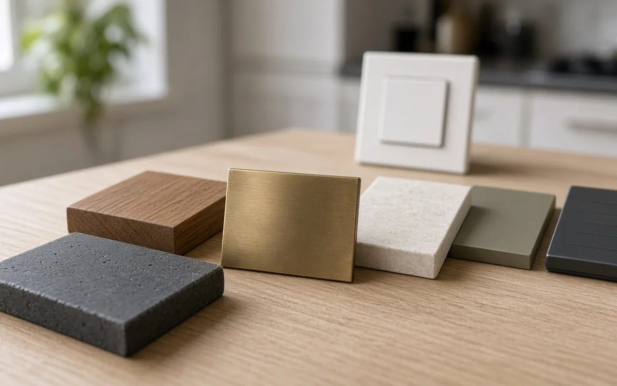 Row of finish samples in walnut, brushed brass, stone and matte black with a white wall switch plate behind