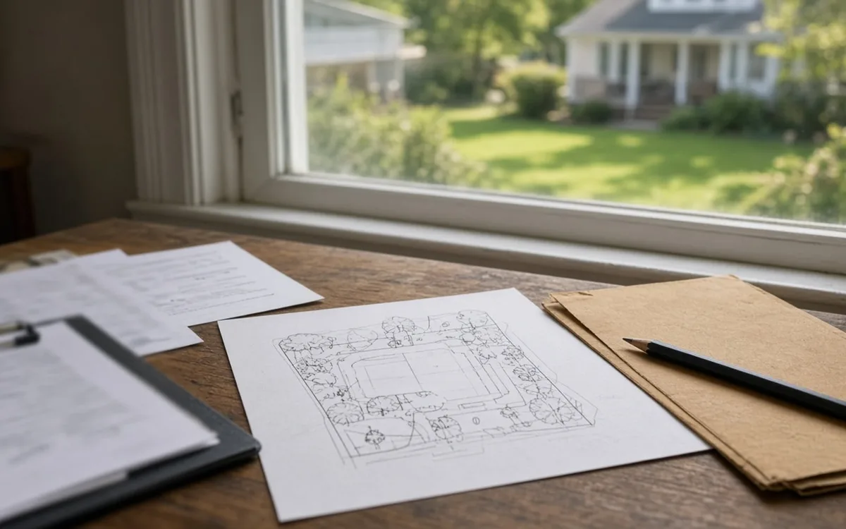 Hand-drawn landscape site plan, clipboard papers and a pencil on a manila folder by a window facing a yard