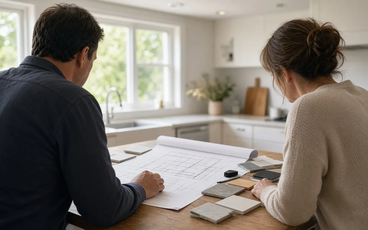 Homeowner and installer reviewing a floor plan with device locations marked beside a wall-mounted network cabinet