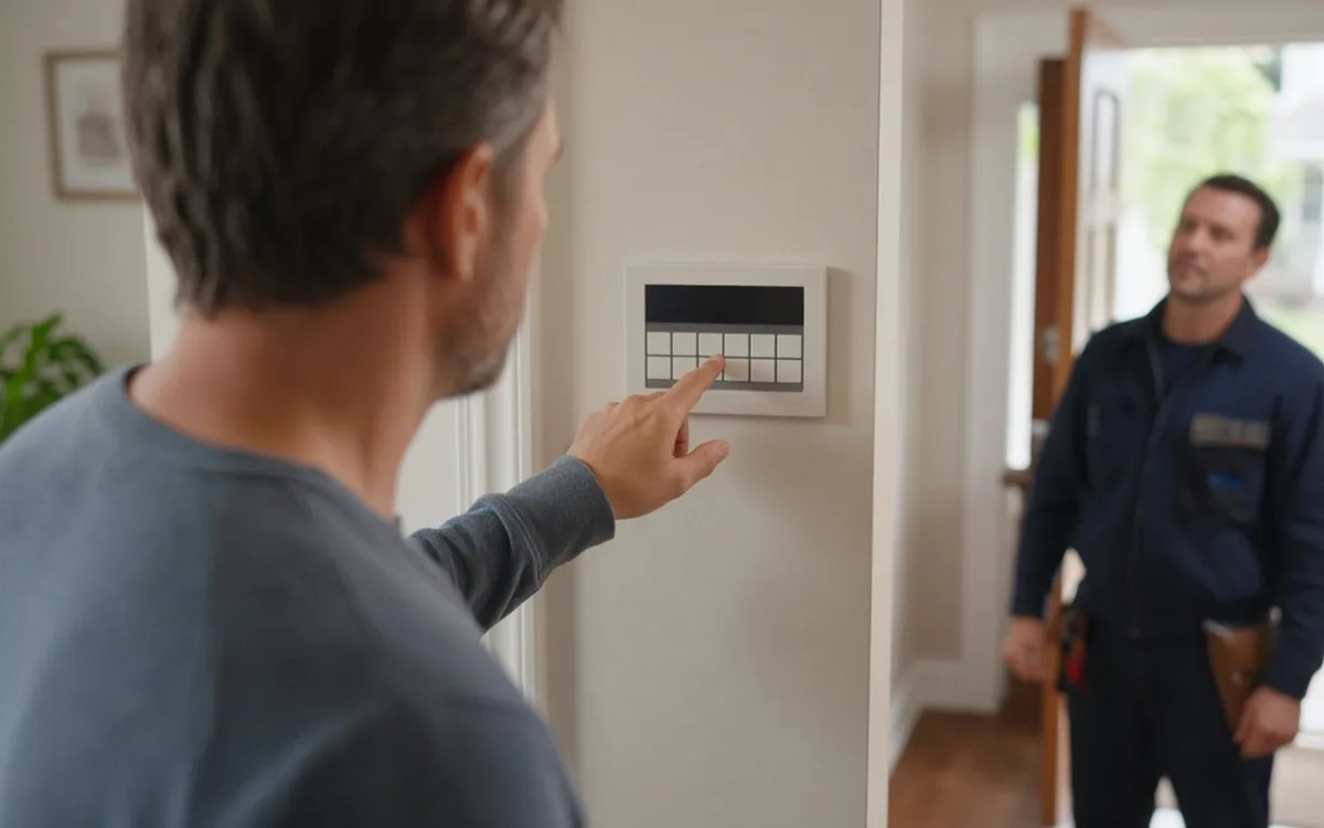 Homeowner pointing at a wall-mounted keypad panel while a uniformed technician with a tool belt stands in the doorway