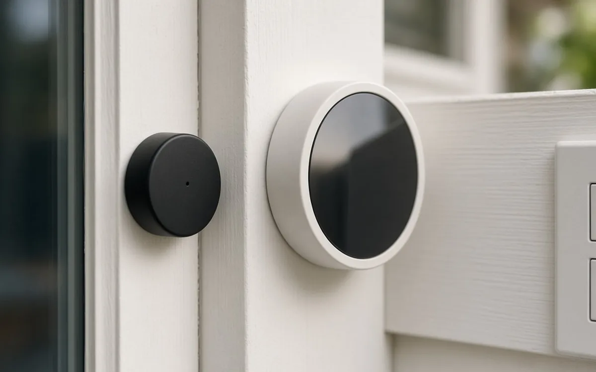 Round white smart sensor with a black face and a small black puck sensor mounted on white door trim