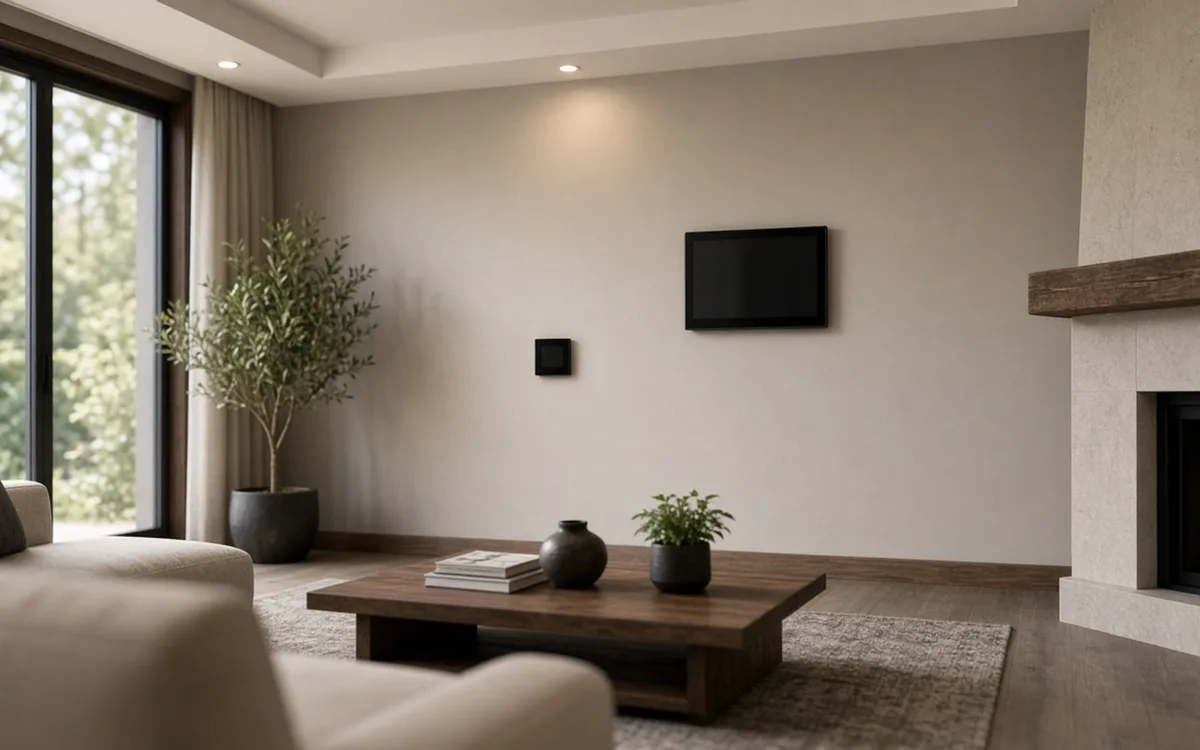 Minimal living room with a wall-mounted touchscreen and small keypad above a wood coffee table, recessed lights overhead