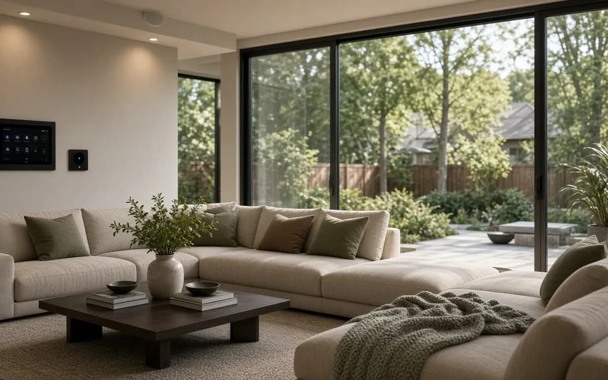 Bright living room with a large sectional facing glass walls, a wall touch panel and keypad beside the sofa