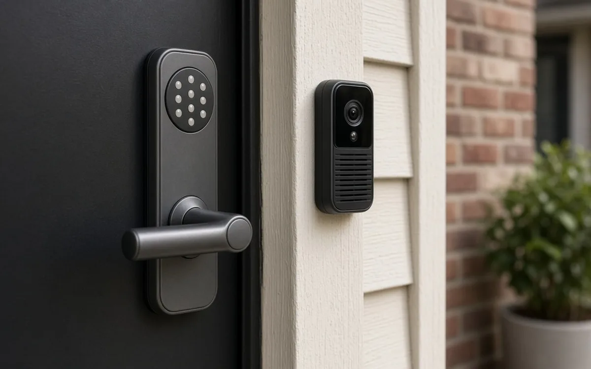 Keypad smart lock with lever handle on a black door beside a video doorbell mounted on cream siding