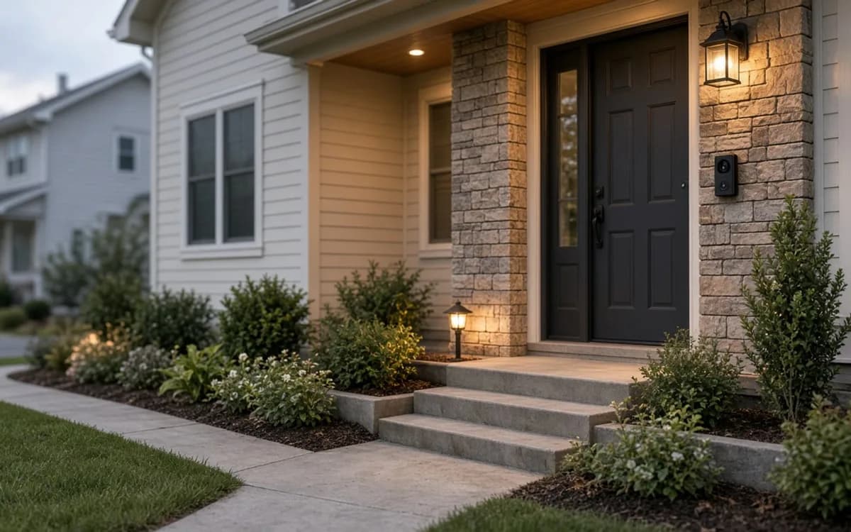 Stone-clad front entry at dusk with lit lantern sconces, path lights and a video doorbell beside the door