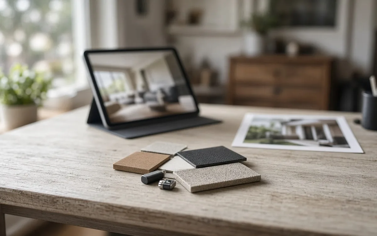 Tablet on a stand, printed interior photo and cork, leather and fabric swatches on a pale wooden desk