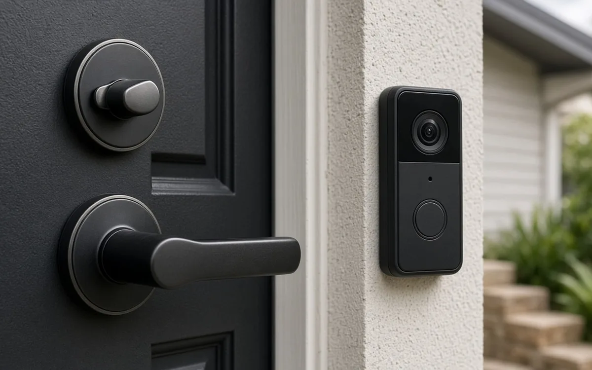 Close-up of a black video doorbell on a stucco wall next to a black door with deadbolt and lever handle