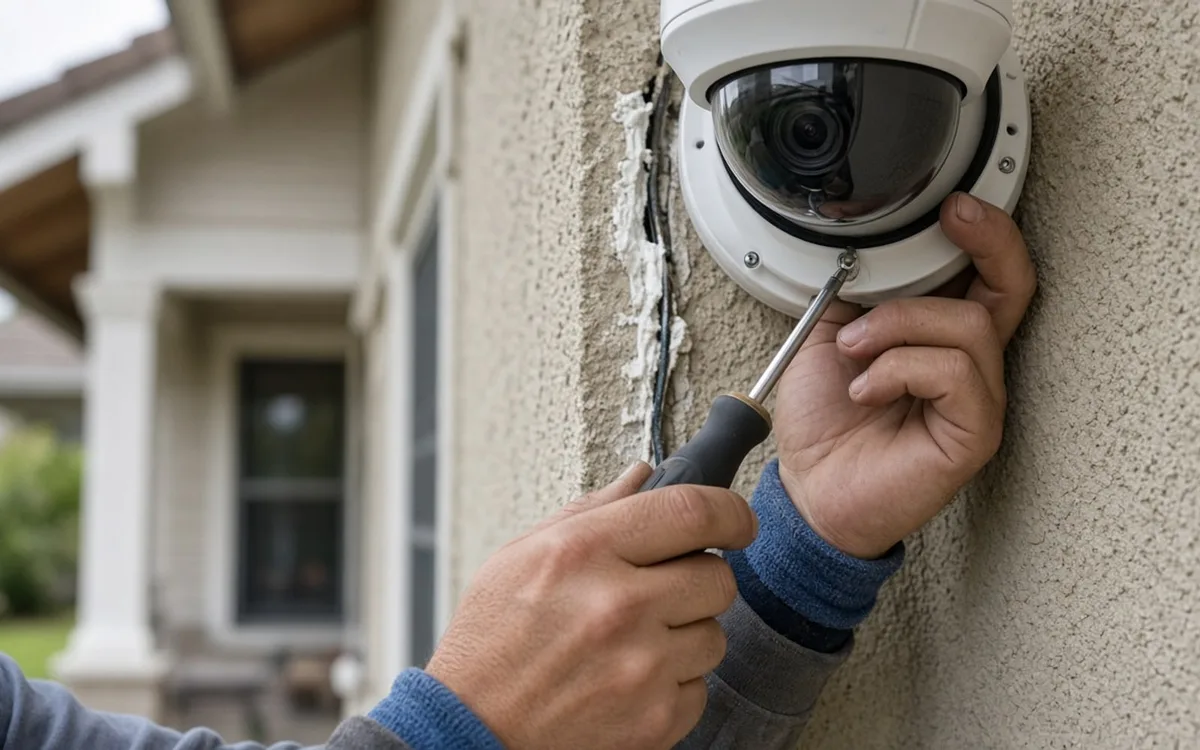Hands tightening a white dome security camera onto a stucco wall with a screwdriver, cable running into the wall