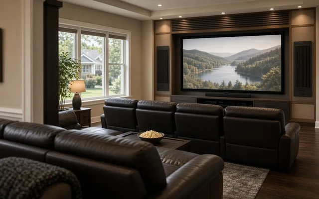 Home theater with a row of black leather recliners, a popcorn bowl and a large screen framed by tower speakers