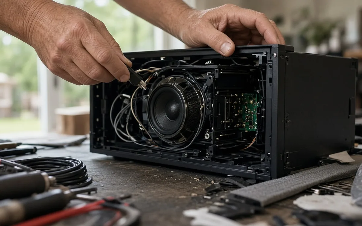Hands wiring the inside of an open black speaker enclosure with a woofer and circuit board on a cluttered workbench