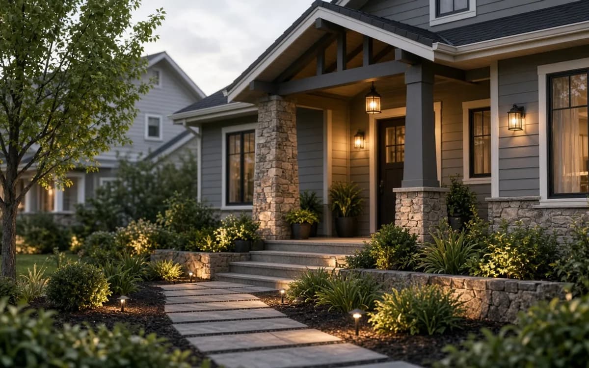 Craftsman house with stone columns at dusk, lit lantern sconces and low path lights along stepping-stone walkway
