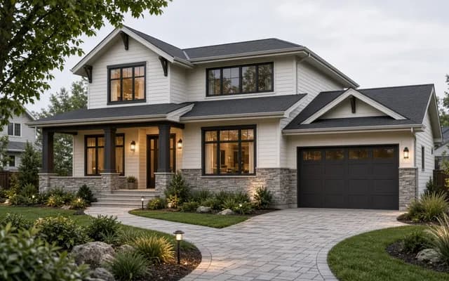 Two-story white and stone farmhouse-style home at dusk with glowing windows, black garage door and paver driveway