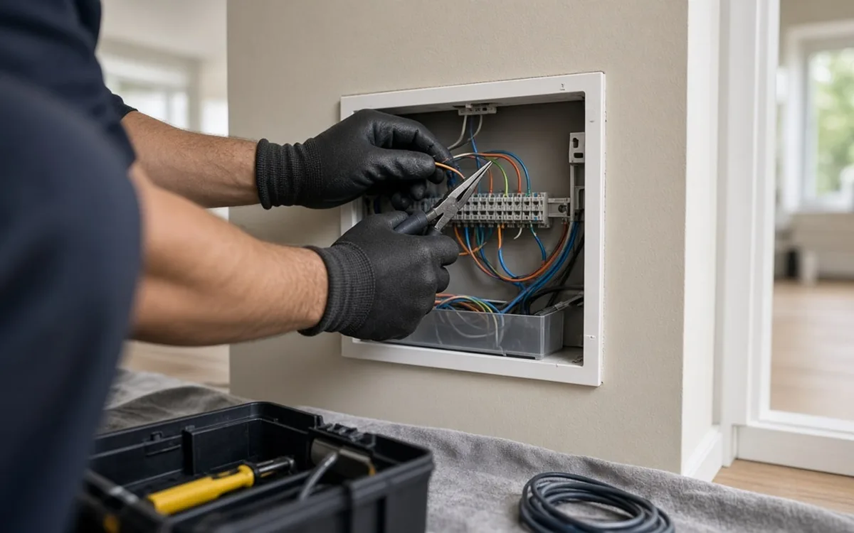 Gloved technician wiring colored low-voltage cables into terminal blocks in a recessed wall panel beside a tool case