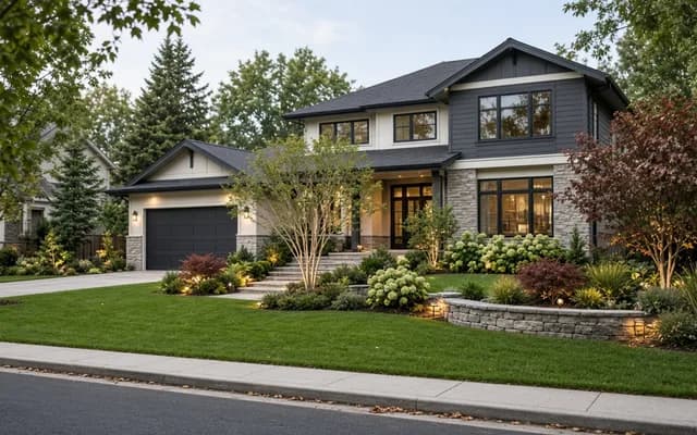 Two-story grey and white house at dusk with lit stone planter walls, uplit shrubs and a glowing front entry