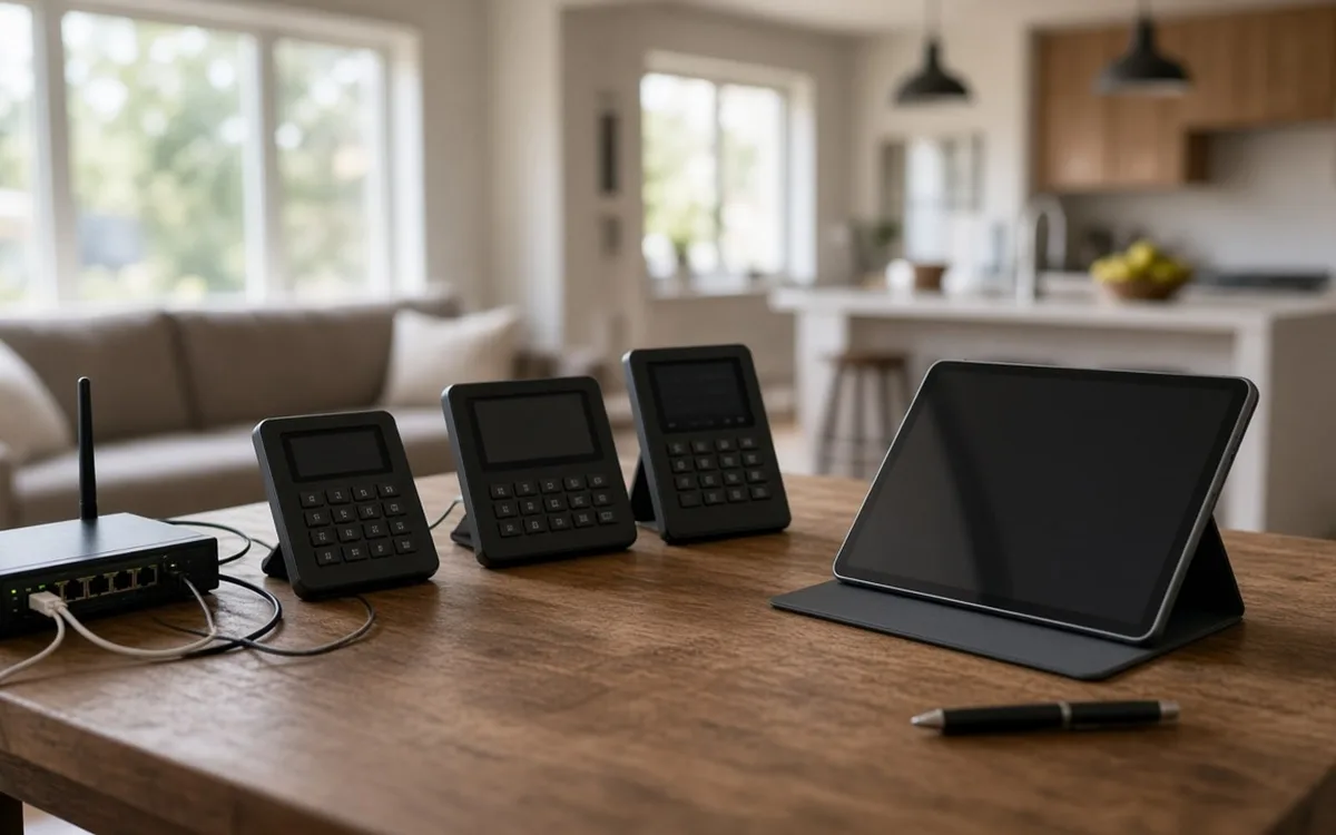 Router, three keypad control units and a tablet on a stand lined up on a wood table in an open-plan home