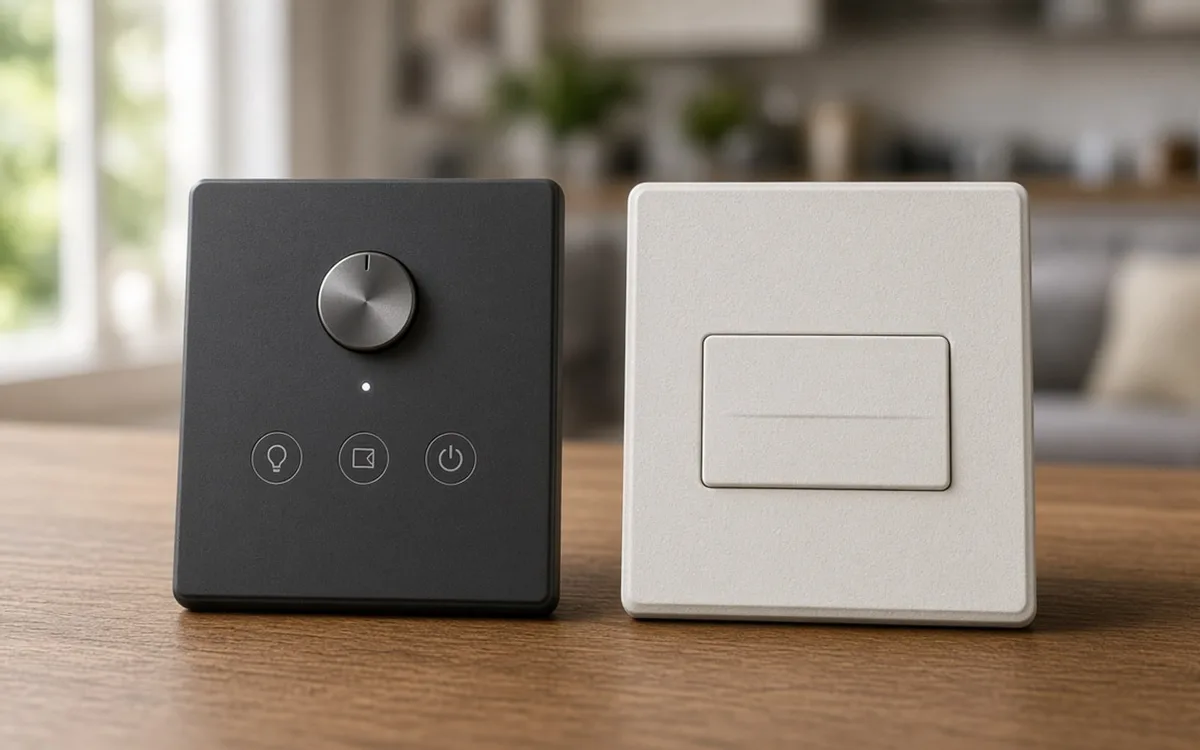 Black smart dimmer panel with a rotary knob and touch icons next to a plain white rocker light switch