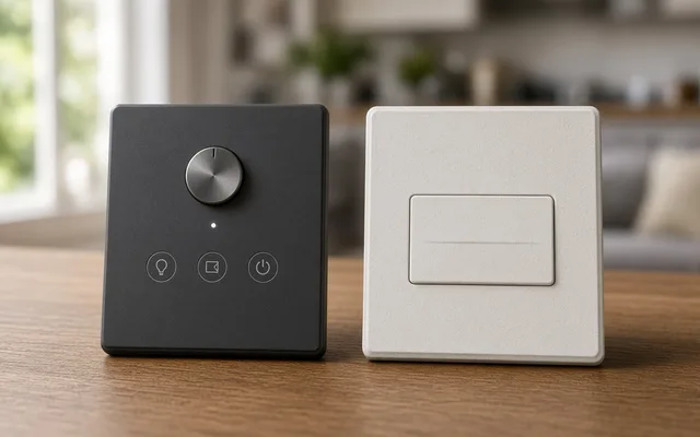 Black smart dimmer panel with a rotary knob and touch icons next to a plain white rocker light switch