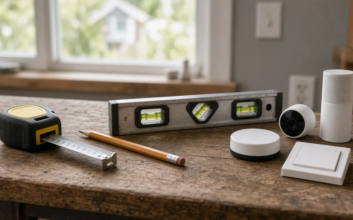 Tape measure, level and pencil on a workbench beside a smart speaker, indoor camera, hub puck and wall switch