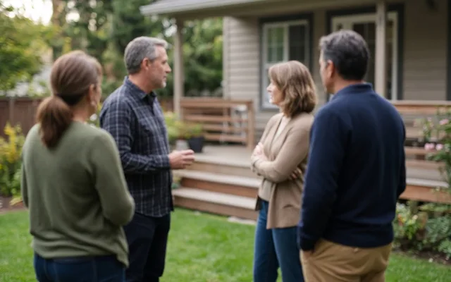 Four adults talking in a backyard in front of a wood deck with steps leading up to a house