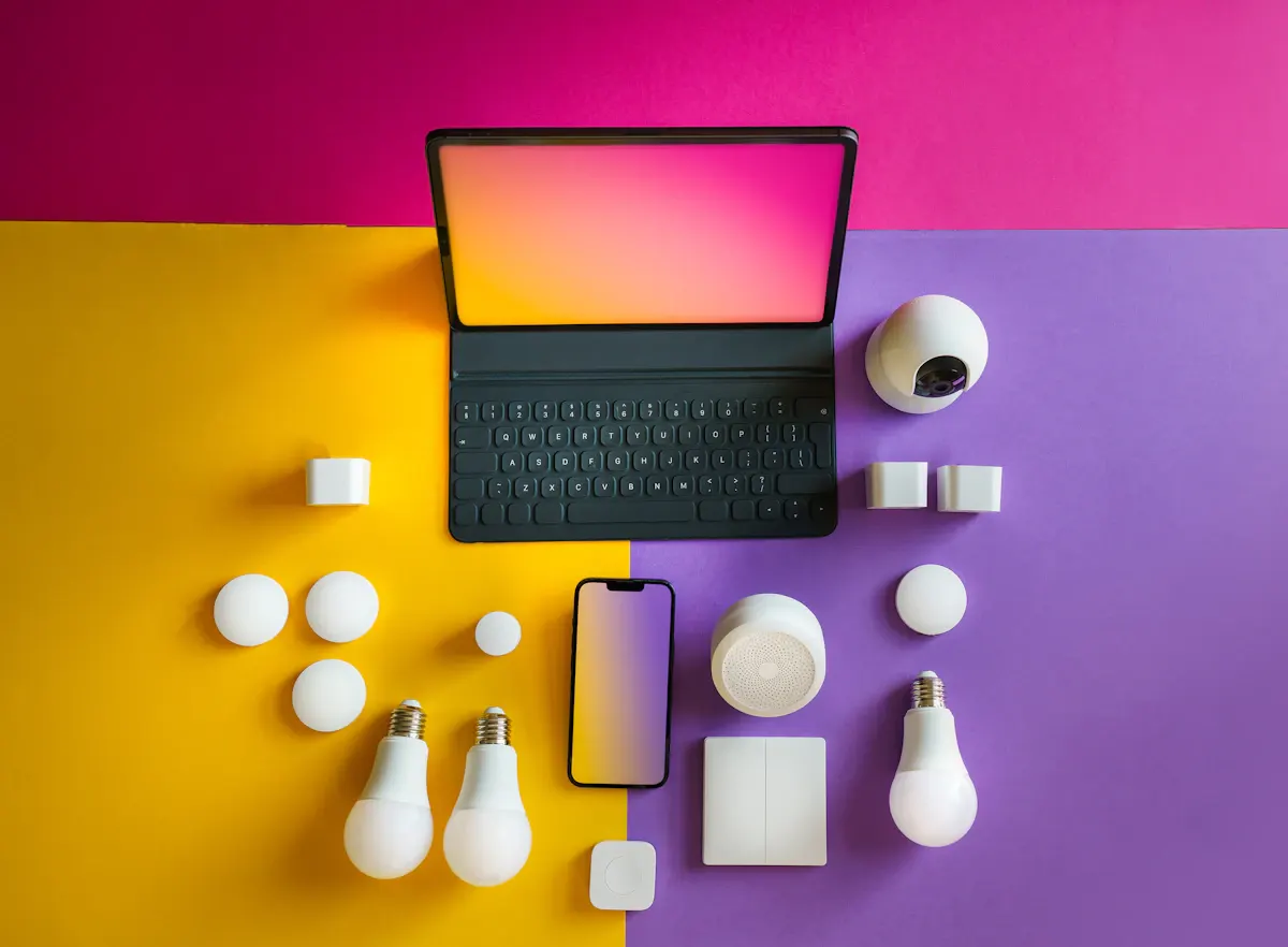 Smart home accessories arranged beside a laptop