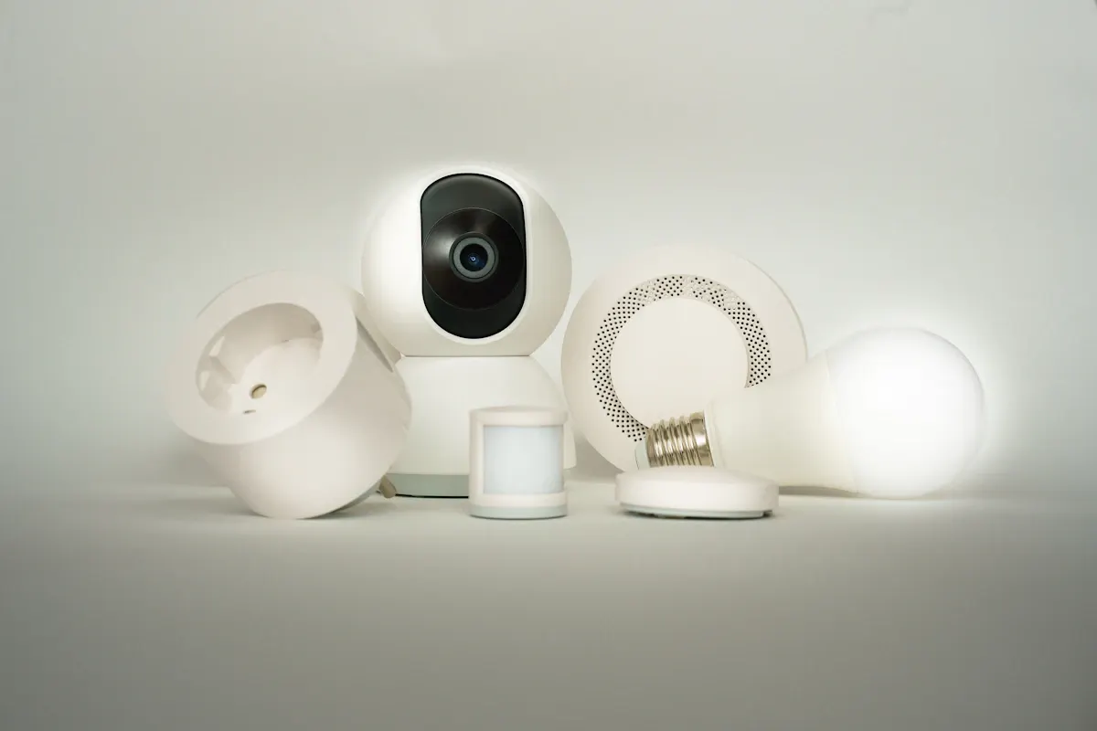 Home security camera beside wireless sensor devices