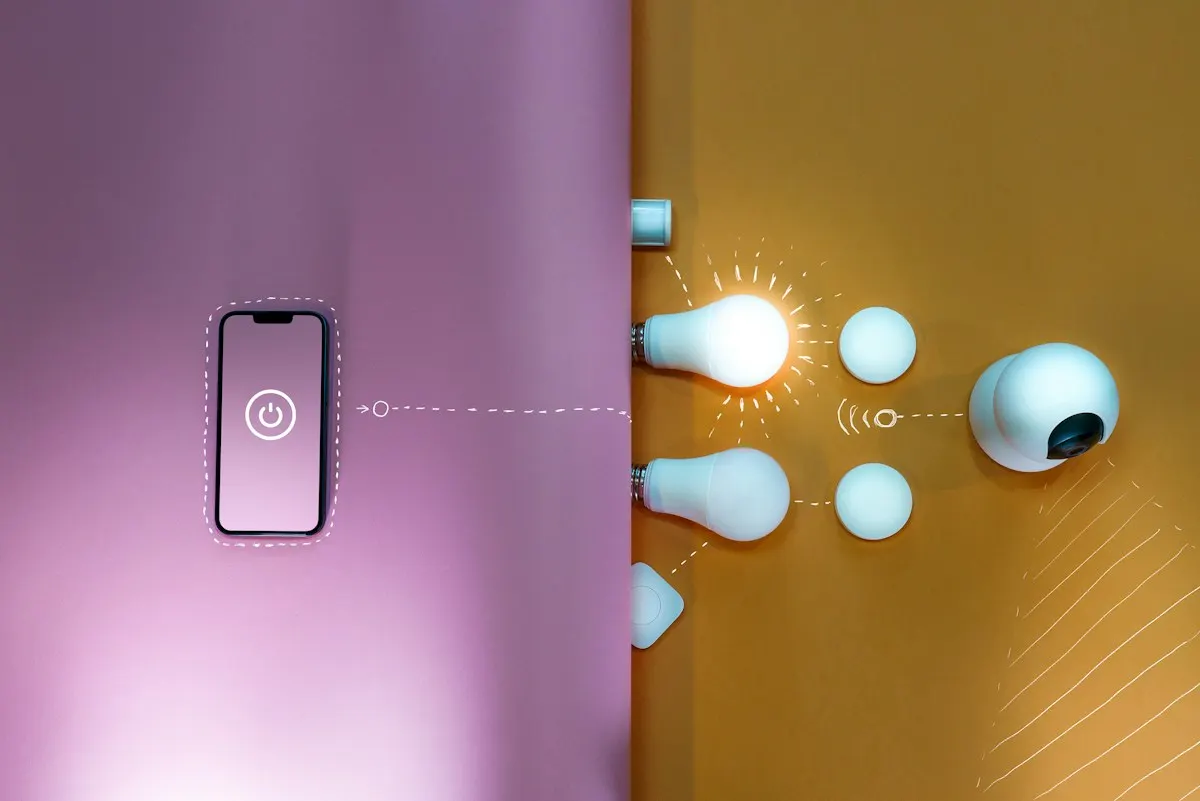 Smart lighting devices and a phone on a tabletop